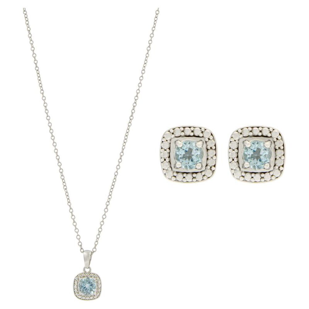 Gold Coast Platinum Plated Blue Topaz Halo Cushion Pendant and Earring Set